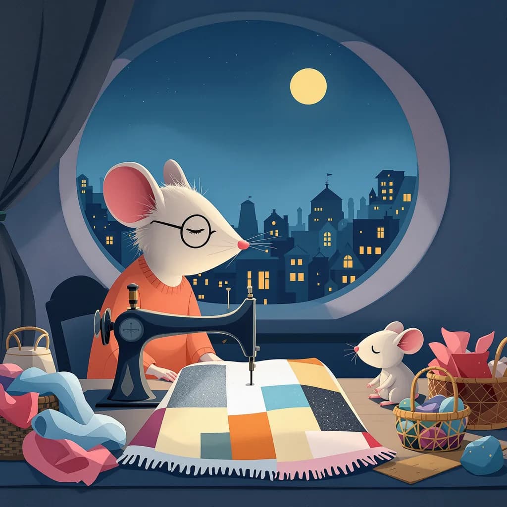 Illustration: eine Mäusedame mit Brille näht nachts an einer bunten Patchwork-Traumdecke, ein Mäusekind schaut verschlafen zu, draußen leuchtet die Stadt im Mondlicht