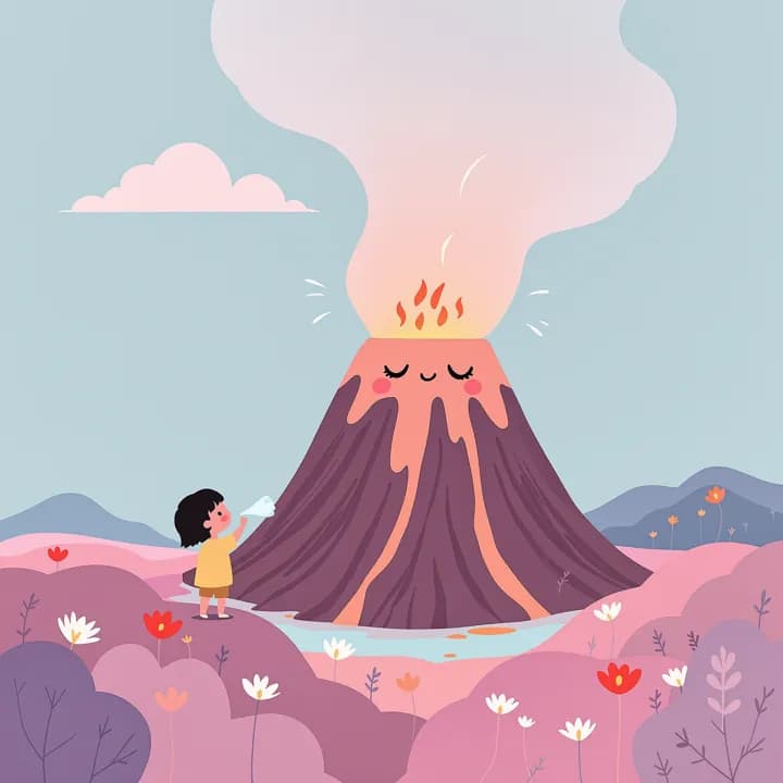 Illustration: ein Kind steht vor einem freundlichen Vulkan und atmet den Rauch weg